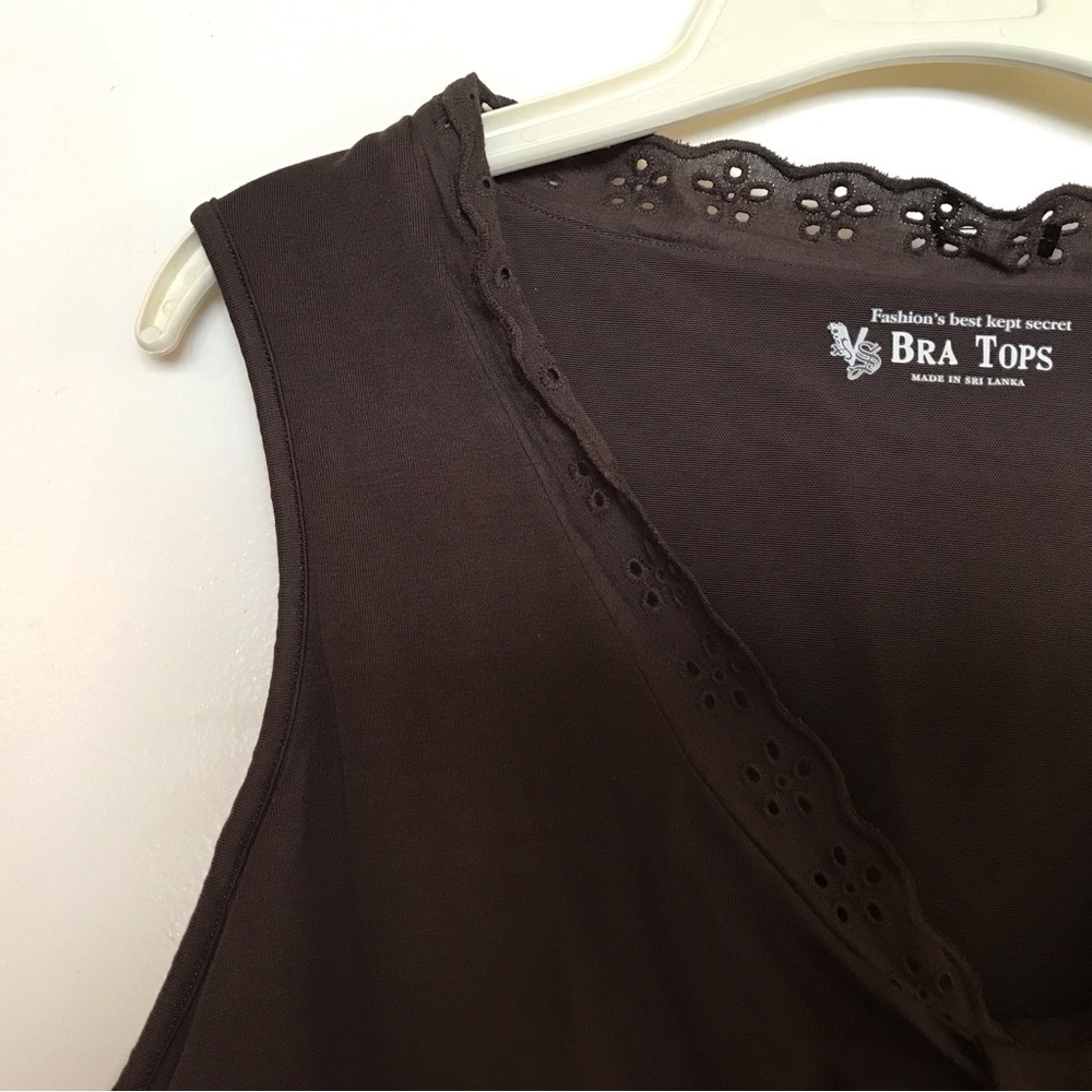 Chocolate Brown Bra Top Sleeveless SzL Lace Trim Gathered Bust Great Shape